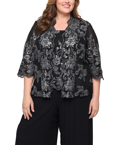 Alex Evenings Plus 3/4-Sleeve Embroidered Jacket and Tank Twinset