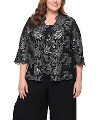 Alex Evenings Plus 3/4-Sleeve Embroidered Jacket and Tank Twinset