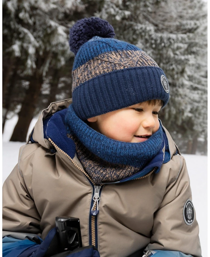 Deux par Boy Lined Knit Pompom Hat Taupe and Navy - Toddler|Child