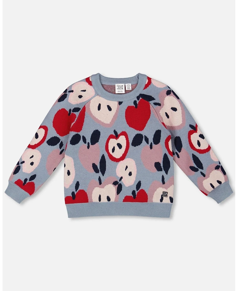 Deux par Big Girls Knit Sweater Blue and Red with Apple Heart Jacquard