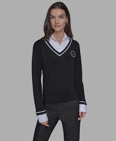 Karl Lagerfeld Paris Women's Twofer Patch V-Neck Sweater