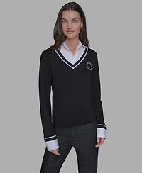 Karl Lagerfeld Paris Women's Twofer Patch V-Neck Sweater