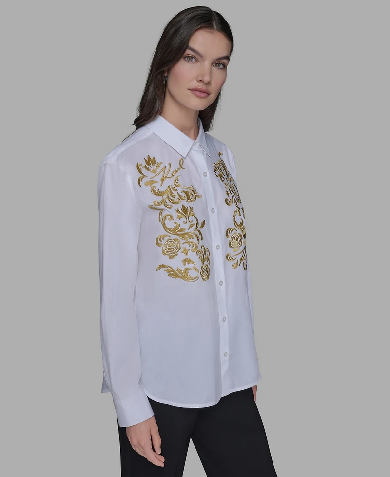 Karl Lagerfeld Paris Women's Cotton Embroidered Button-Front Top