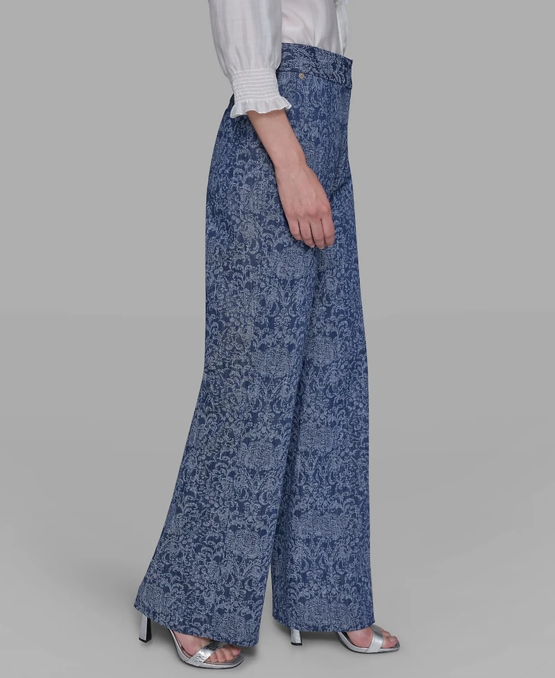 Karl Lagerfeld Paris Women's Printed Wide-Leg Denim Pants