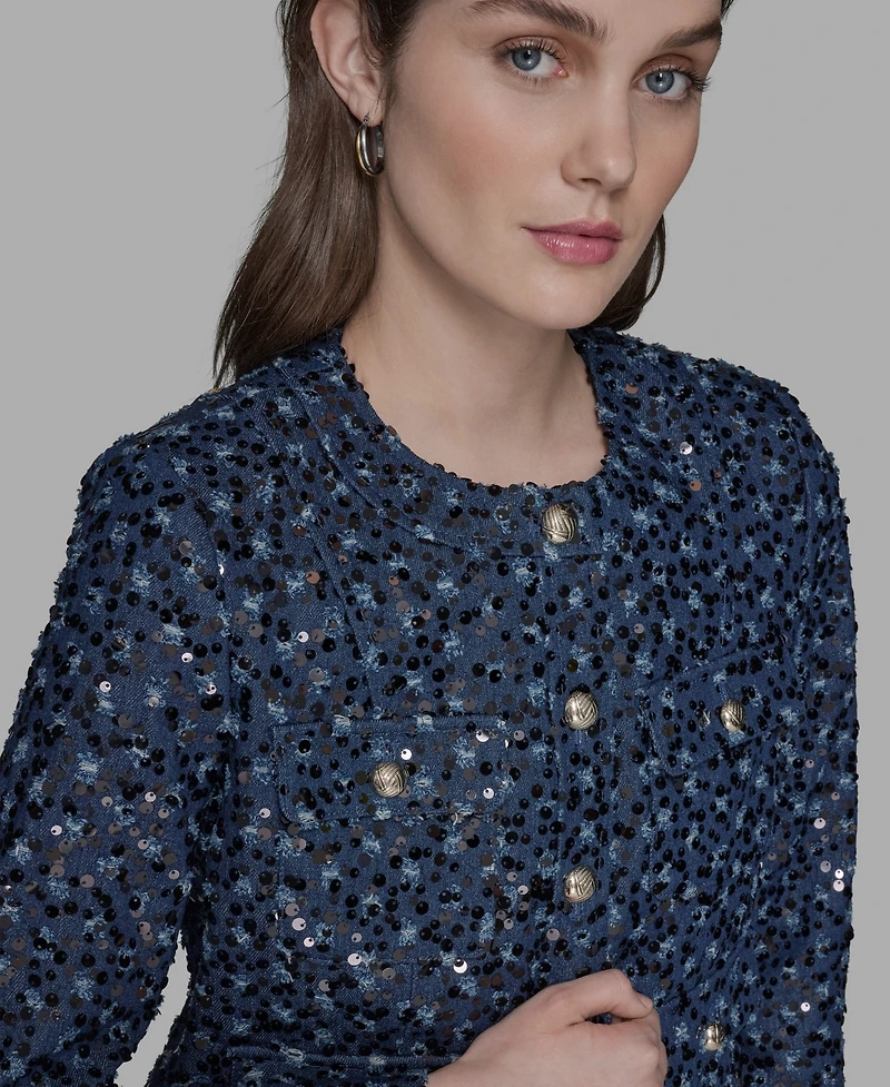 Karl Lagerfeld Paris Women's Sequin Pocket-Front Denim Jacket