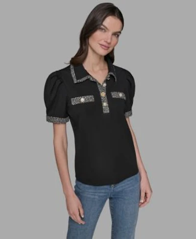 Karl Lagerfeld Paris Womens Short Sleeve Tweed Trim Knit Top P Xs Xl