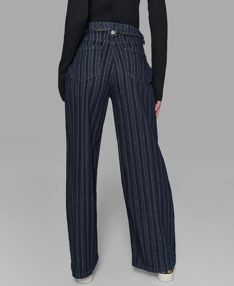 Karl Lagerfeld Paris Women's Striped Denim Belted Wide-Leg Pants