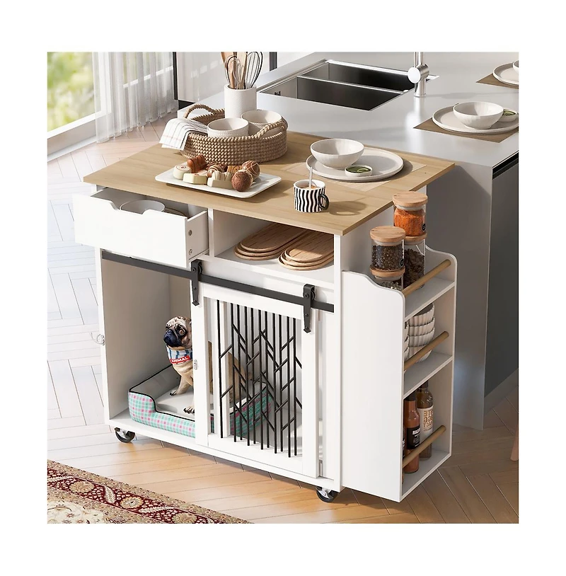 Aostirmotor 41.5 in. Wooden Dog Crate Cabinet with End Table, Rolling casters in White