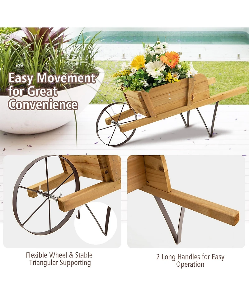 Gymax Wooden Wagon Planter Decorative Indoor/ Outdoor Rustic Flower Cart w/ Wheel