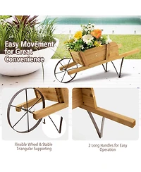 Gymax Wooden Wagon Planter Decorative Indoor/ Outdoor Rustic Flower Cart w/ Wheel