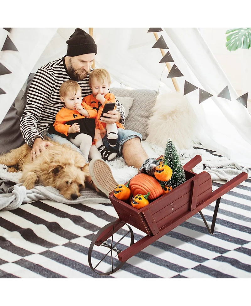 Gymax Wooden Wagon Planter Decorative Indoor/ Outdoor Rustic Flower Cart w/ Wheel
