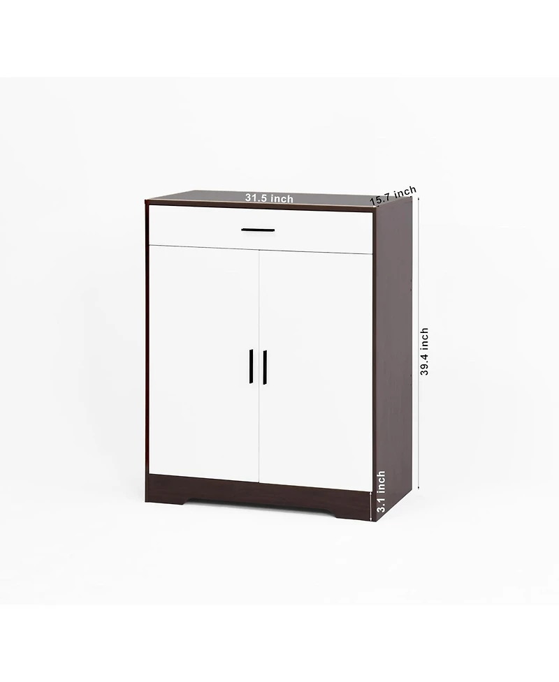 Vanirror Wooden Shoe Rack Organizer - 4-Tier Cabinet with 2 White Doors, Drawer & Adjustable Shelves /Hallway Entryway