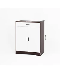 Vanirror Wooden Shoe Rack Organizer - 4-Tier Cabinet with 2 White Doors, Drawer & Adjustable Shelves /Hallway Entryway