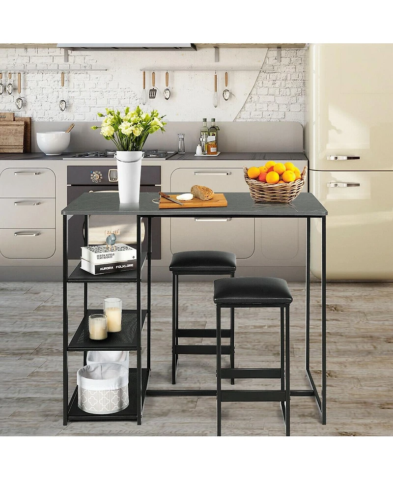 Gymax 3 Piece Pub Set Industrial Style Faux Marble Top Table and 2 Stools Dining Set