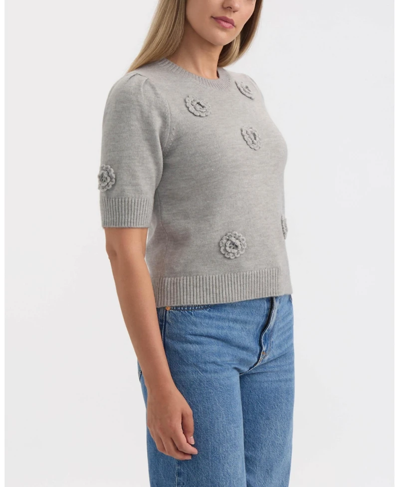 Ellen Tracy Women's Short Sleeve Sweater with Crochet Flowers