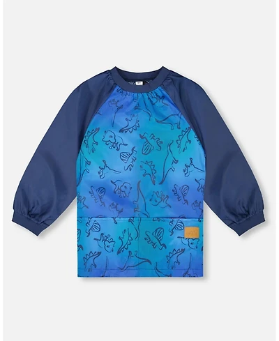 Deux par Deux Boy School Apron Blue Gradient Dinosaur Print - Toddler|Child