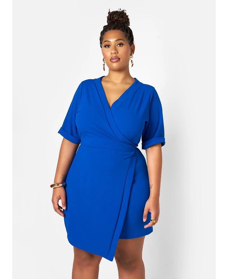 ModasP3 Plus Stylish Avery Faux Wrap Mini Dress Blue