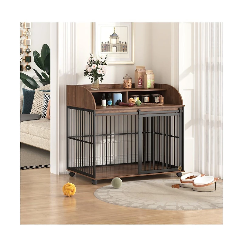Aostirmotor 44'' Brown Heavy Duty Large Dog Crate Furniture Lockable Wheels Double Layer Storage