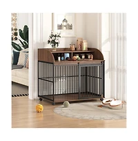 Aostirmotor 44'' Brown Heavy Duty Large Dog Crate Furniture Lockable Wheels Double Layer Storage