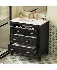 Casainc 30" Freestanding Vanity With Ceramic Sink Combo and 3 Drawers, Solid Wood Frame