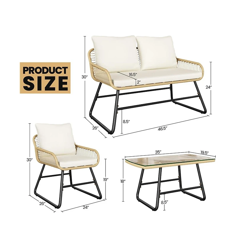 Yaheetech 4-Piece Patio Furniture Conversation Set 1 Boho Table & 1 Loveseat & 2 Conversation Chairs, Tan/Cream