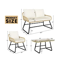 Yaheetech 4-Piece Patio Furniture Conversation Set 1 Boho Table & 1 Loveseat & 2 Conversation Chairs, Tan/Cream