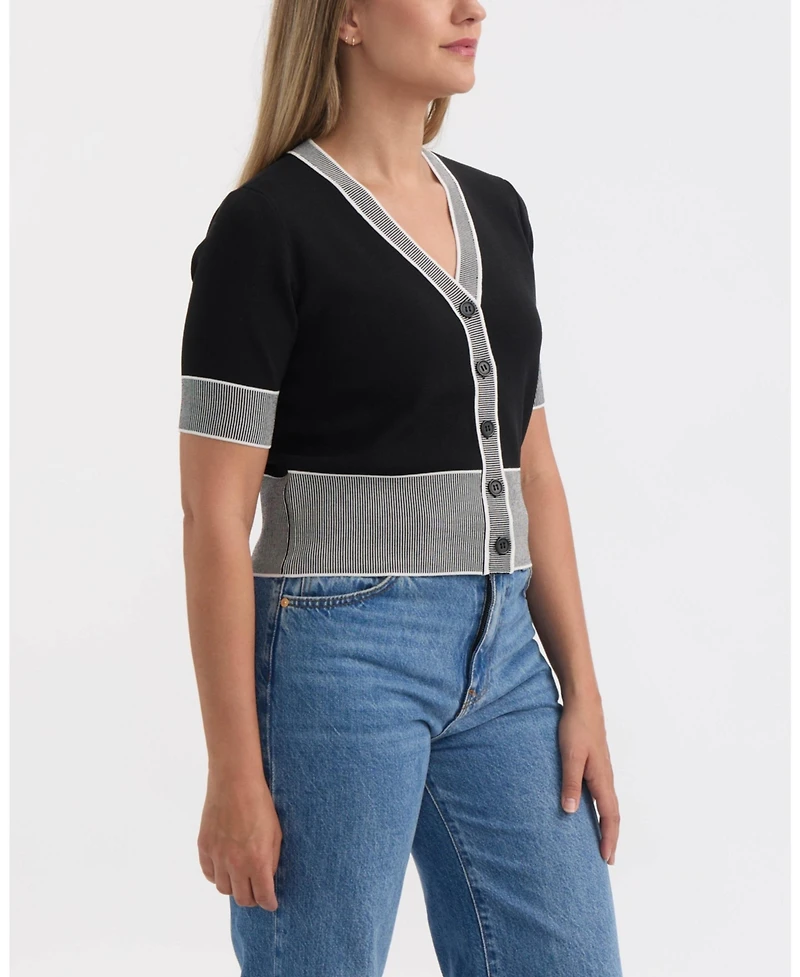 Ellen Tracy Women's V-Neck Short Sleeve Knit Cardigan with Contrast Tipping
