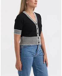 Ellen Tracy Women's V-Neck Short Sleeve Knit Cardigan with Contrast Tipping