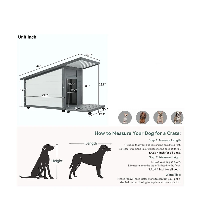 Aostirmotor 44.1 in. Outdoor Wooden Dog house with Food bowl, 4 swivel wheels in Gray