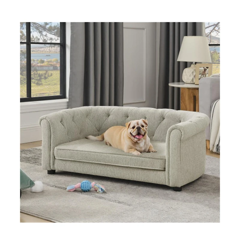 Aostirmotor Beige Rectangular Pet Sofa with Arc-shaped Backrest, Armrests and Linen Soft Cushion