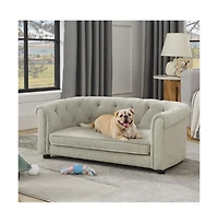Aostirmotor Beige Rectangular Pet Sofa with Arc-shaped Backrest, Armrests and Linen Soft Cushion