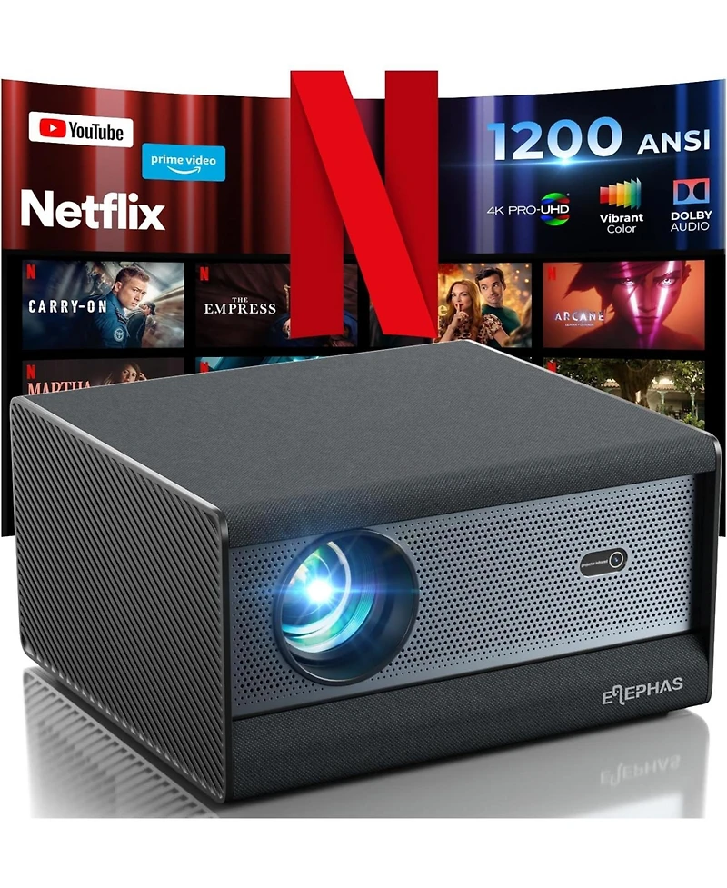 Elephas[1200 Ansi/Netflix-Licensed/30W Dolby Audio] Smart 4K Projector with WiFi and Bluetooth, Auto Focus, Portable Home Theater for Indoor/Outdoor
