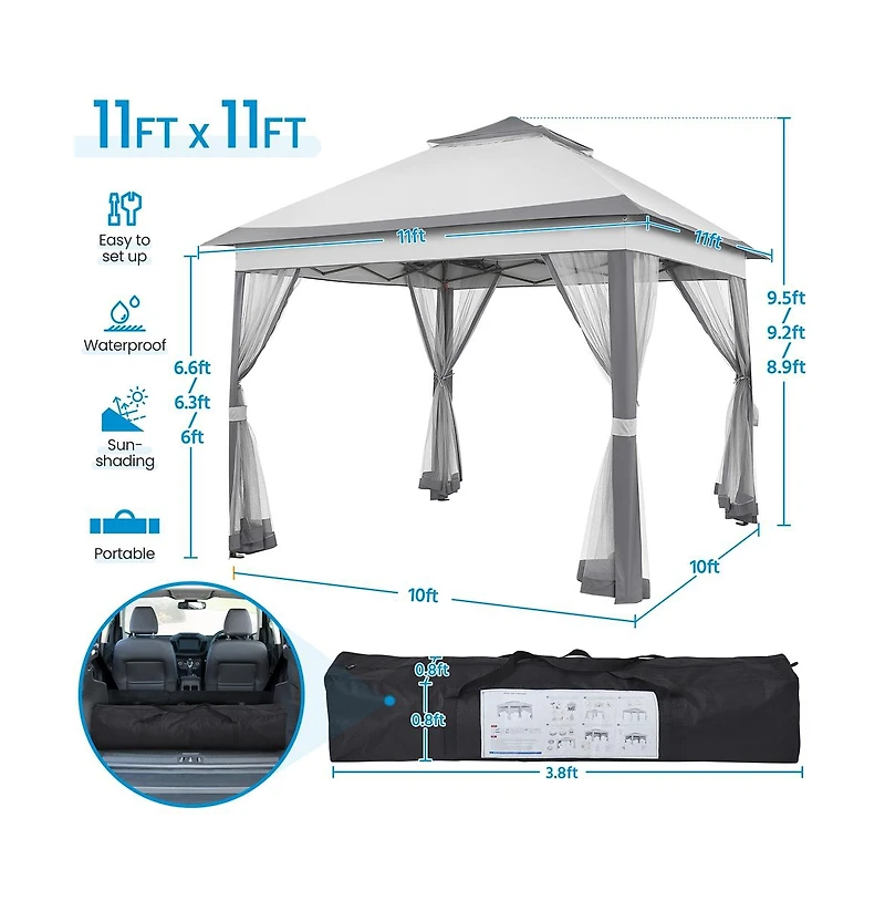 Yaheetech 11x11ft Pop-Up Gazebo Tent with Four Mesh Sidewalls, Brown