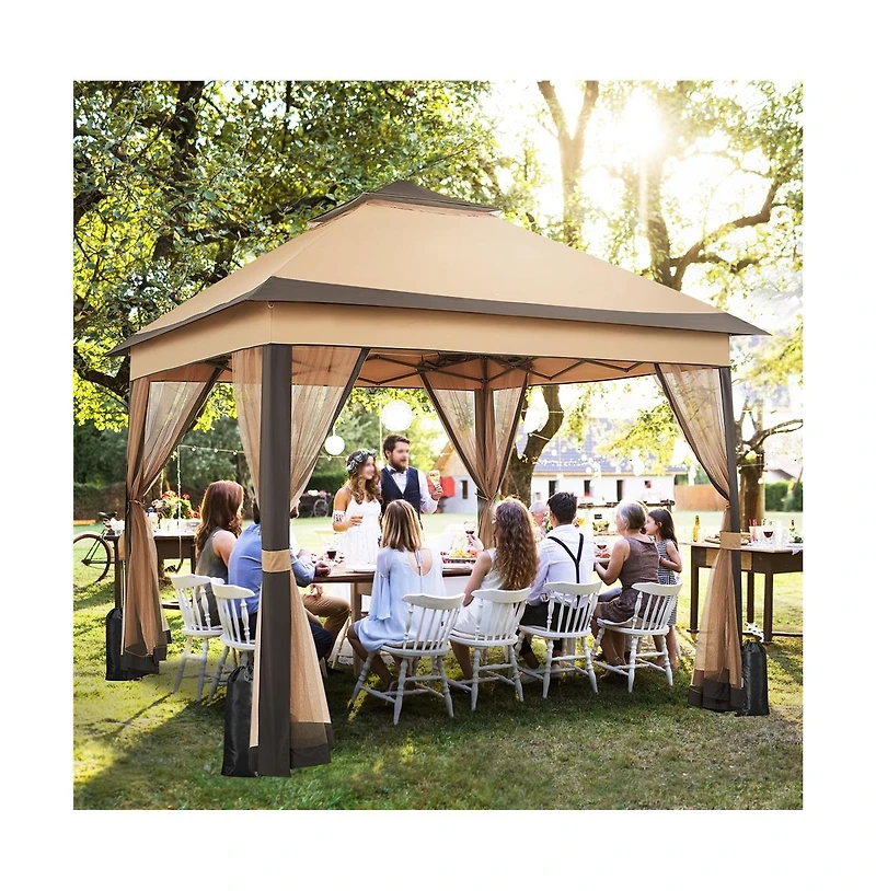 Yaheetech 11x11ft Pop-Up Gazebo Tent with Four Mesh Sidewalls, Brown