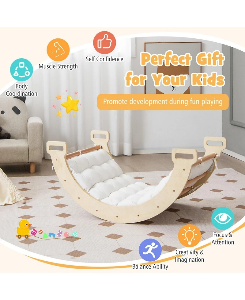 Akiudex 2-in-1 Wooden Climbing Arch with Cushion for Kids, Rocker and Ladder Toy