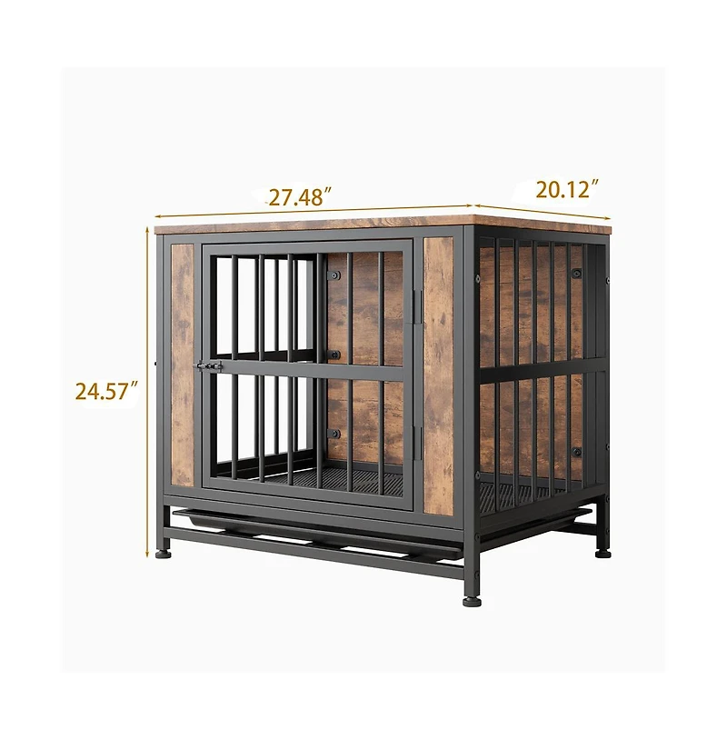 Aostirmotor 27.48'' Rustic Brown Wooden Dog Crate Table Sliding Doors Thick Iron Frame Indoor
