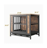 Aostirmotor 27.48'' Rustic Brown Wooden Dog Crate Table Sliding Doors Thick Iron Frame Indoor