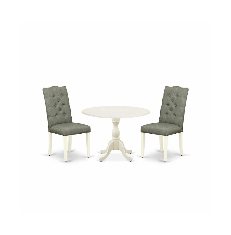 East West Furniture 3 Piece Dining Room Set Consists of 1 Drop Leaves Dining Table and 2 Smoke Linen Fabric Parson Dining Chairs Button Tufted Back wi