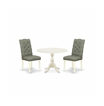 East West Furniture 3 Piece Dining Room Set Consists of 1 Drop Leaves Dining Table and 2 Smoke Linen Fabric Parson Dining Chairs Button Tufted Back wi