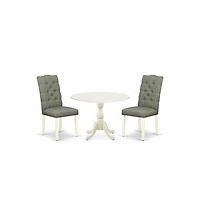 East West Furniture 3 Piece Dining Room Set Consists of 1 Drop Leaves Dining Table and 2 Smoke Linen Fabric Parson Dining Chairs Button Tufted Back wi