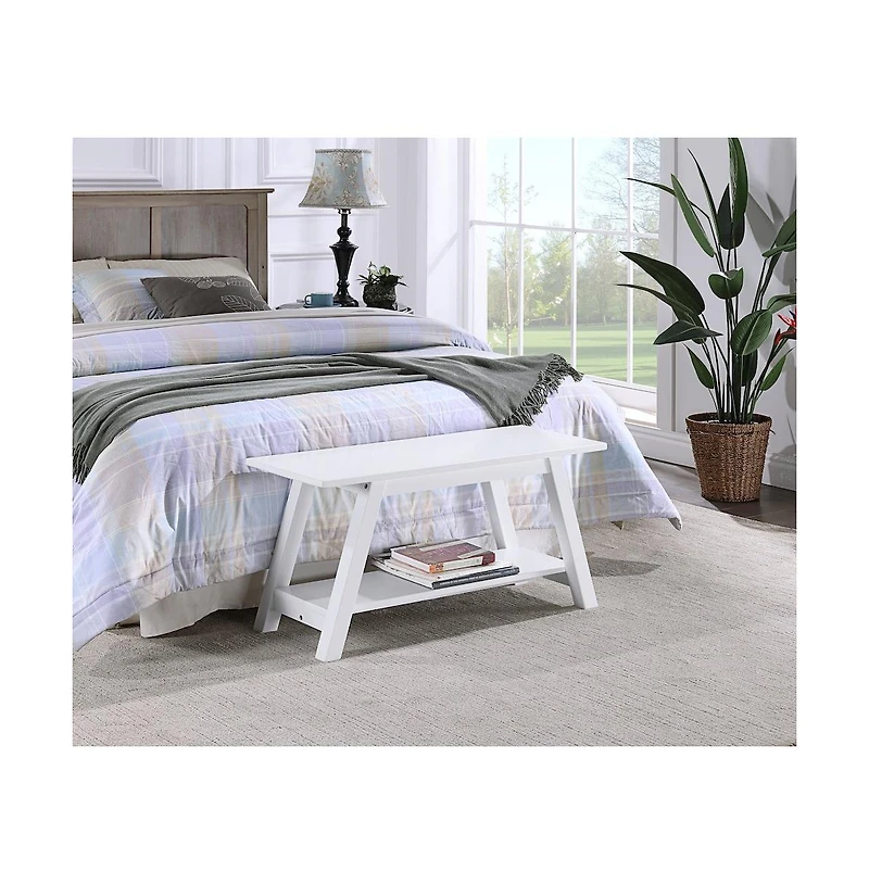 Roundhill Furniture Elyz Solid Wood Bench with Shelf, 36 Inch Long, White