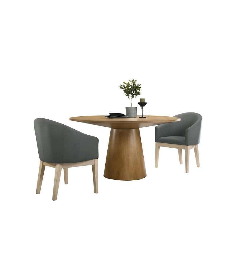 Homlux Driftwood Finish 3 Piece 59"W Round Dining Table Set with Gray Barrel Chairs