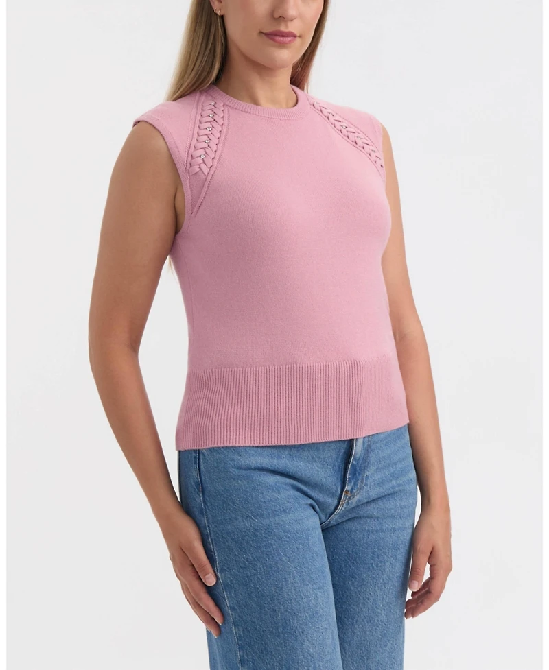 Ellen Tracy Women's Sleeveless Crewneck Sweater with Braid Detail