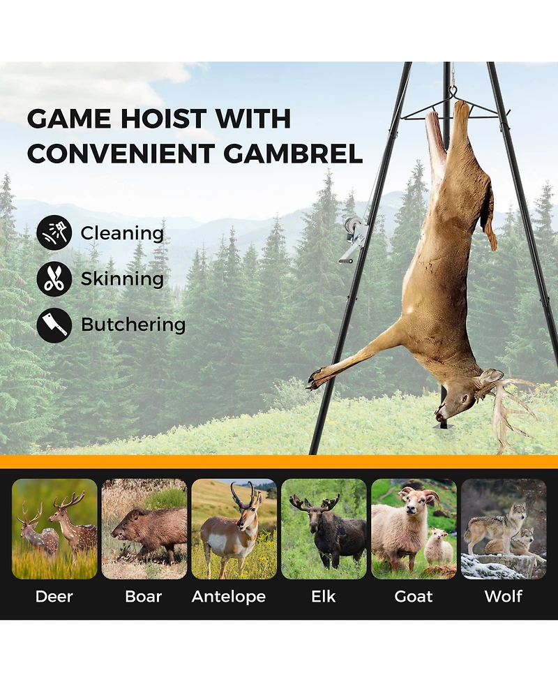 Akiudex Heavy-Duty Tripod Deer Hoist with Crank Winch and Steel Cable for Game Processing