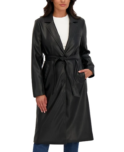 Sebby Collection Women's Belted Snap Front Faux Leather Long Trench Coat