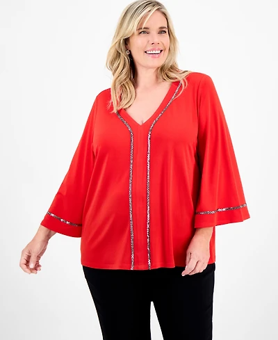 Jm Collection Plus Embellished V-Neck 3/4-Sleeve Top