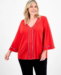 Jm Collection Plus Embellished V-Neck 3/4-Sleeve Top