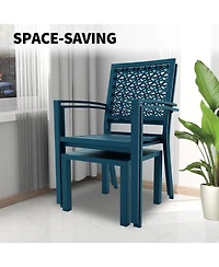 Gaomon 3 Pcs Blue Patio Bistro Set, Outdoor Stackable Steel Chairs & Square Coffee Table for Balcony, Porch, Garden, Lawn