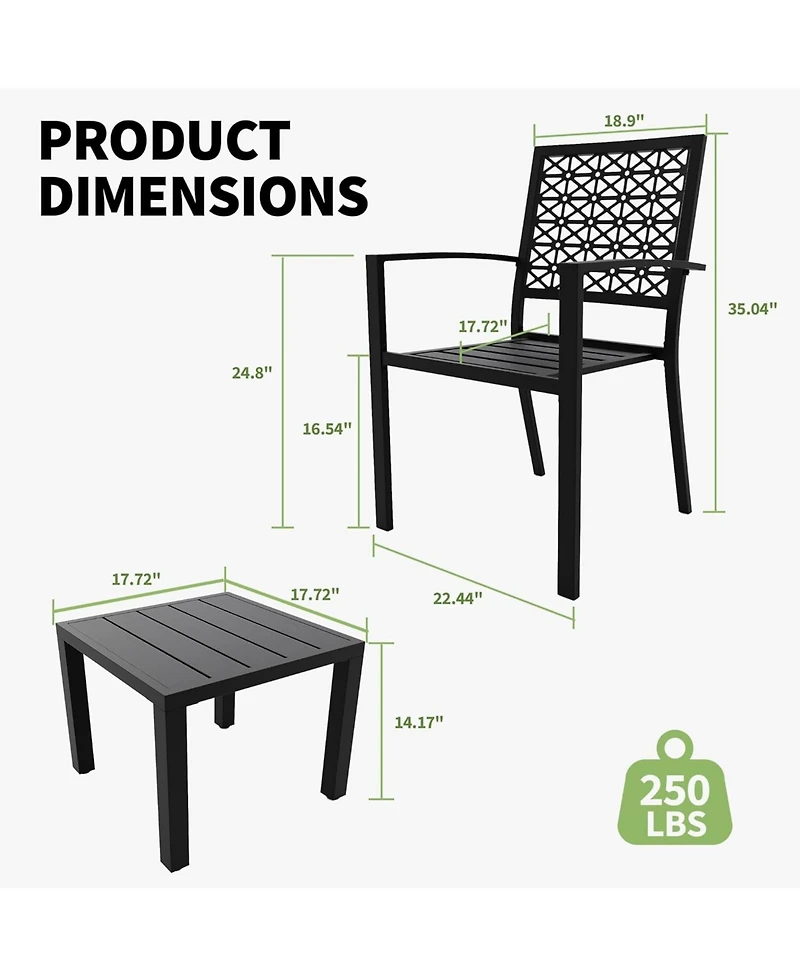gaomon 3 Pcs Black Patio Bistro Set, Outdoor Stackable Steel Chairs & Square Coffee Table for Balcony, Porch, Garden, Lawn