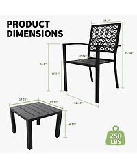 gaomon 3 Pcs Black Patio Bistro Set, Outdoor Stackable Steel Chairs & Square Coffee Table for Balcony, Porch, Garden, Lawn